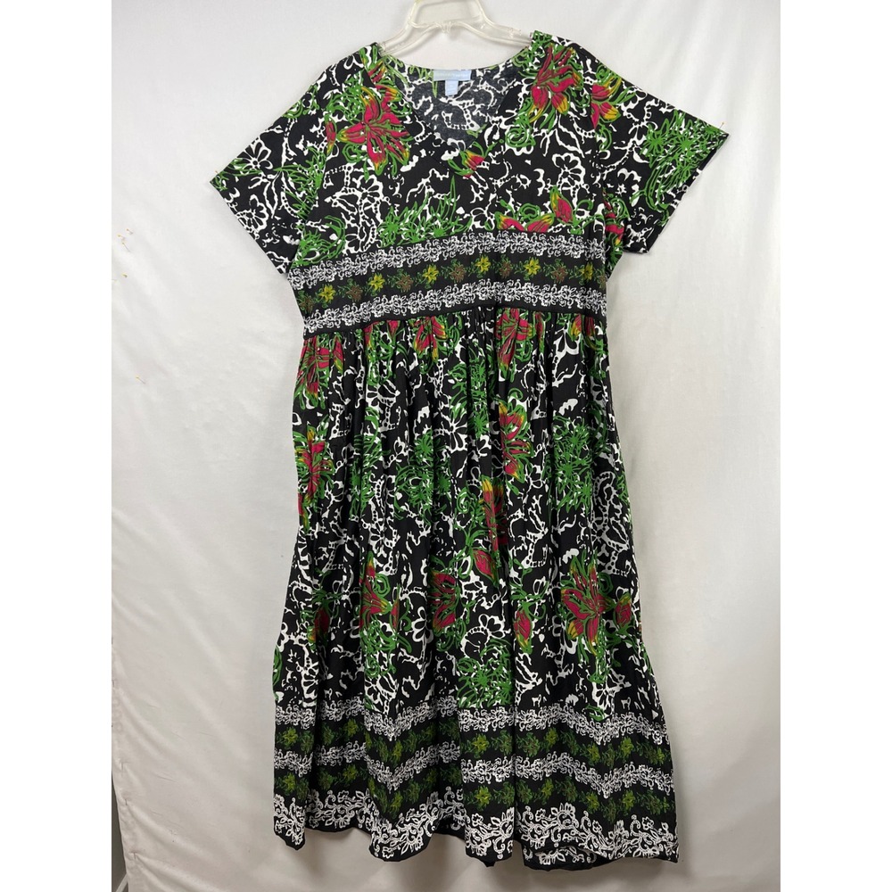 Only Necessities Maxi Dress Womens 1X Black Green Floral Empire Waist Patio